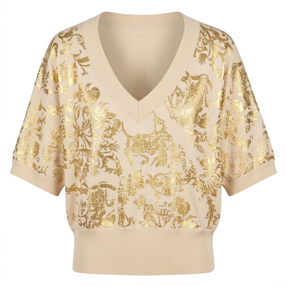 NEW Nygard Collection Womens 1X Silk Blend Gold Foil Damask V-Neck Sweater